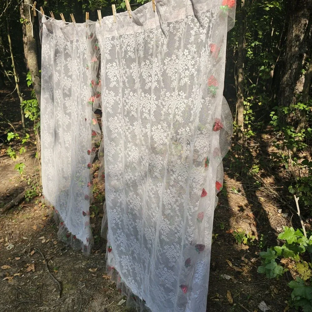 Sweet Strawberry Sequin Lace Curtains Cottagecore Floral Ruffled Tulle 58